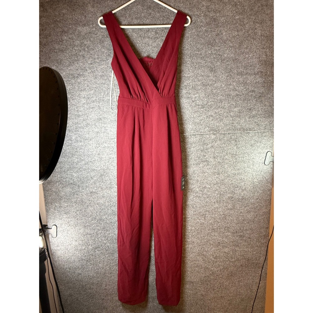 Lulus Burgundy Surplice Lace Back Straight Leg Jumpsuit XS New